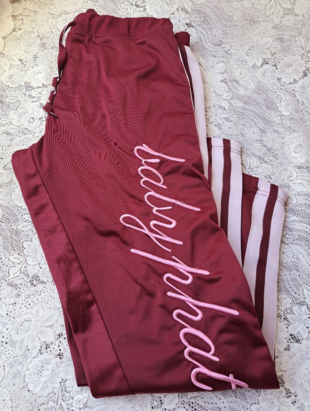 Vintage Y2k Baby Phat Maroon Track Pants With Pink Script White Stripes Size L